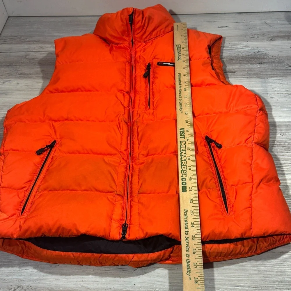 RLX‎ Ralph Lauren Down Puffer Vest Men Sz L Orange Full Zip Packable Hood